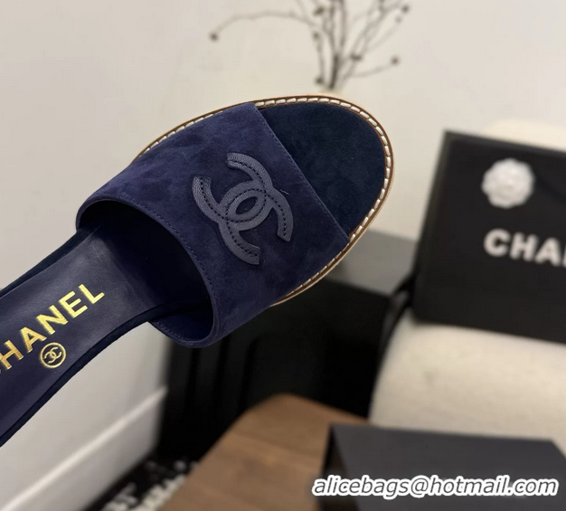Expensive Chanel CC Logo Navy Blue Suede Leather Wedge Sandals 75MM 6052501