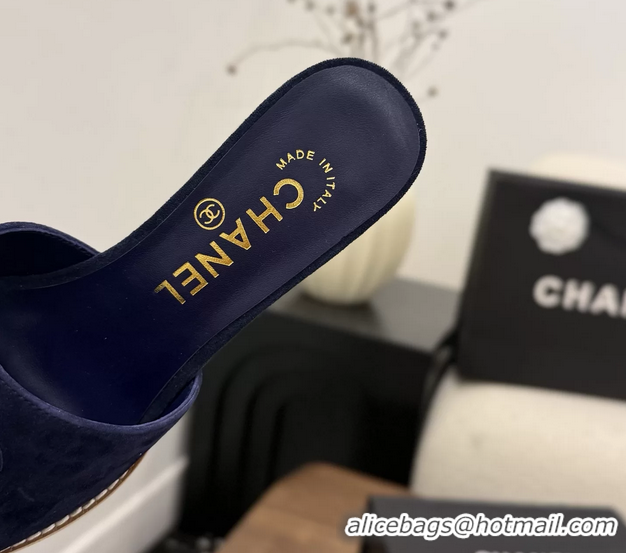 Expensive Chanel CC Logo Navy Blue Suede Leather Wedge Sandals 75MM 6052501