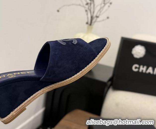 Expensive Chanel CC Logo Navy Blue Suede Leather Wedge Sandals 75MM 6052501