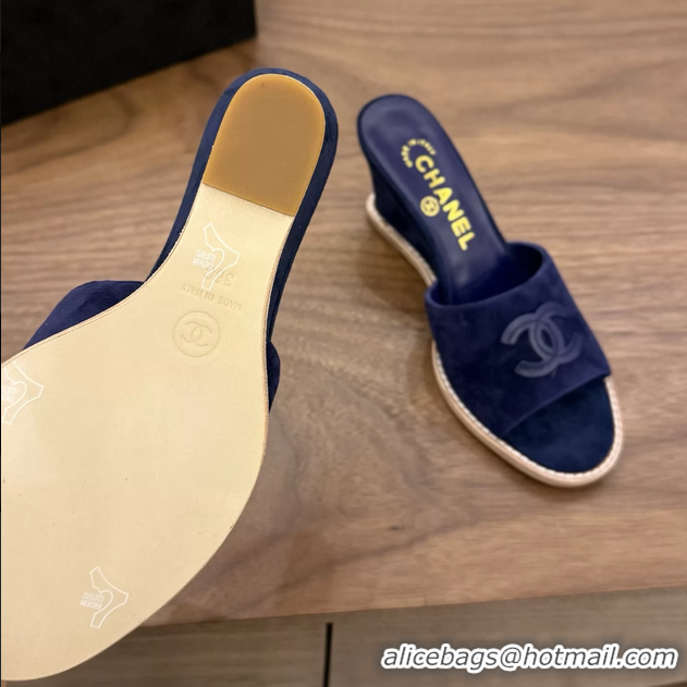 Expensive Chanel CC Logo Navy Blue Suede Leather Wedge Sandals 75MM 6052501