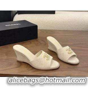 Fashion Chanel CC Logo Light Beige Suede Leather Wedge Sandals 75MM 6052501