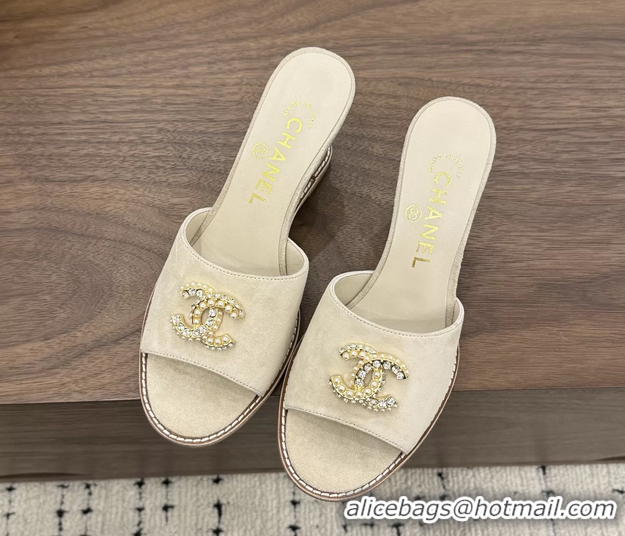Fashion Chanel CC Logo Light Beige Suede Leather Wedge Sandals 75MM 6052501
