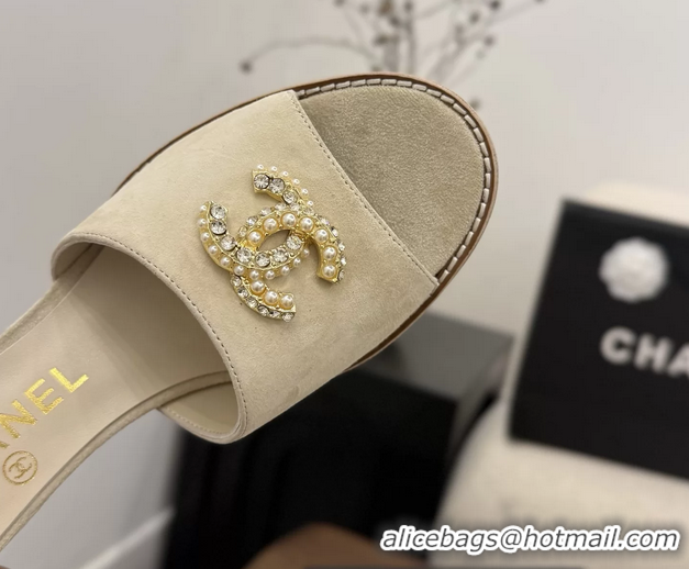 Fashion Chanel CC Logo Light Beige Suede Leather Wedge Sandals 75MM 6052501