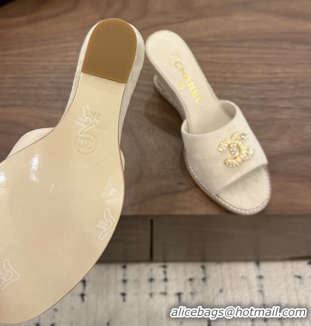 Fashion Chanel CC Logo Light Beige Suede Leather Wedge Sandals 75MM 6052501