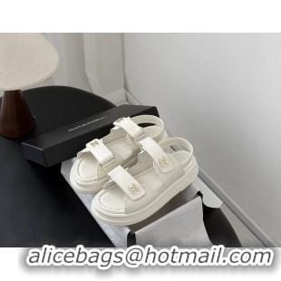 Comfortable Chanel CC Logo Dad Flat Sandal White Calfskin Leather 6052502