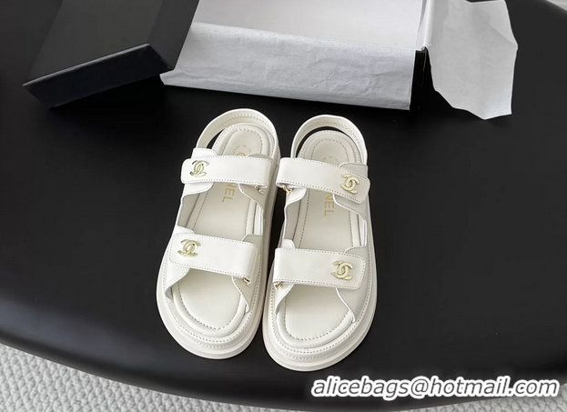 Comfortable Chanel CC Logo Dad Flat Sandal White Calfskin Leather 6052502