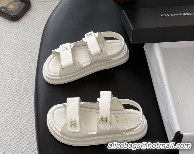 Comfortable Chanel CC Logo Dad Flat Sandal White Calfskin Leather 6052502