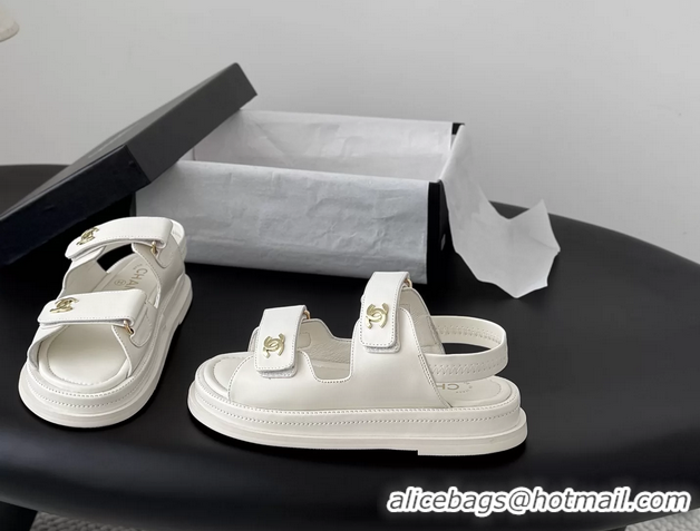 Comfortable Chanel CC Logo Dad Flat Sandal White Calfskin Leather 6052502
