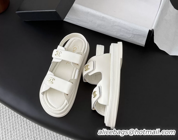 Comfortable Chanel CC Logo Dad Flat Sandal White Calfskin Leather 6052502