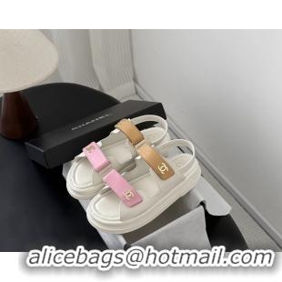 Generous Chanel CC Logo Dad Flat Sandal Pink Beige Calfskin Leather 6052502