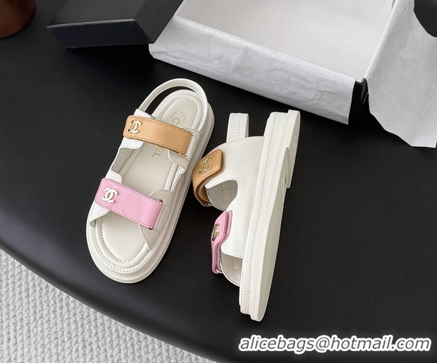 Generous Chanel CC Logo Dad Flat Sandal Pink Beige Calfskin Leather 6052502