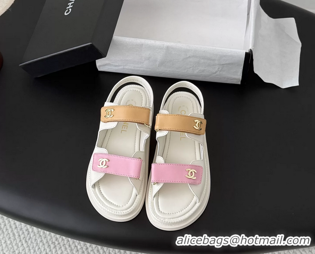Generous Chanel CC Logo Dad Flat Sandal Pink Beige Calfskin Leather 6052502