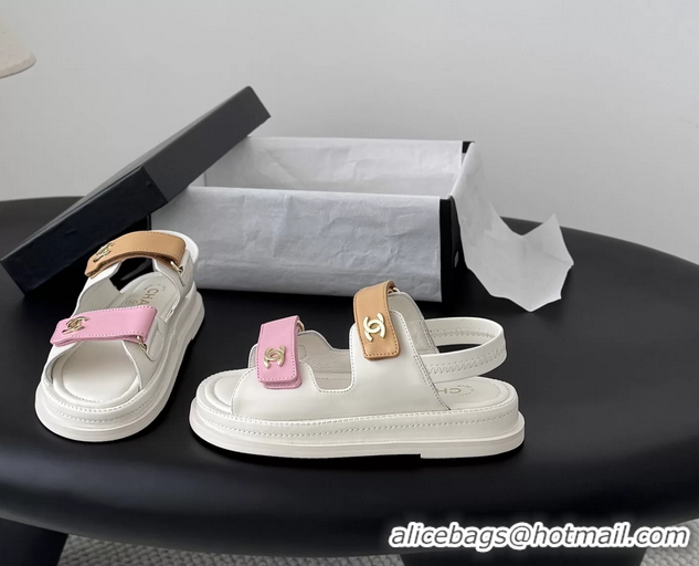 Generous Chanel CC Logo Dad Flat Sandal Pink Beige Calfskin Leather 6052502
