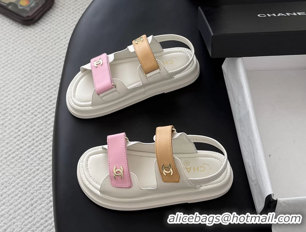 Generous Chanel CC Logo Dad Flat Sandal Pink Beige Calfskin Leather 6052502