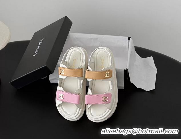 Generous Chanel CC Logo Dad Flat Sandal Pink Beige Calfskin Leather 6052502