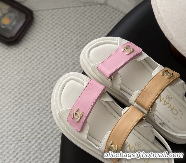 Generous Chanel CC Logo Dad Flat Sandal Pink Beige Calfskin Leather 6052502