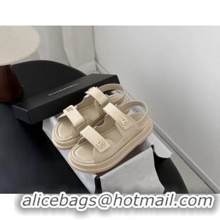 Good Quality Chanel CC Logo Dad Flat Sandal Beige Calfskin Leather 6052502