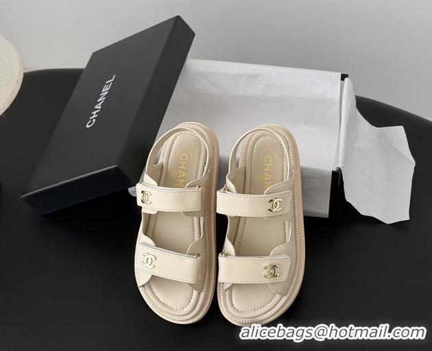 Good Quality Chanel CC Logo Dad Flat Sandal Beige Calfskin Leather 6052502