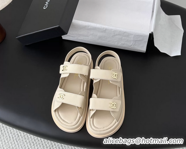 Good Quality Chanel CC Logo Dad Flat Sandal Beige Calfskin Leather 6052502