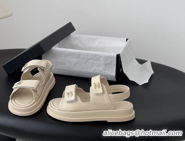 Good Quality Chanel CC Logo Dad Flat Sandal Beige Calfskin Leather 6052502