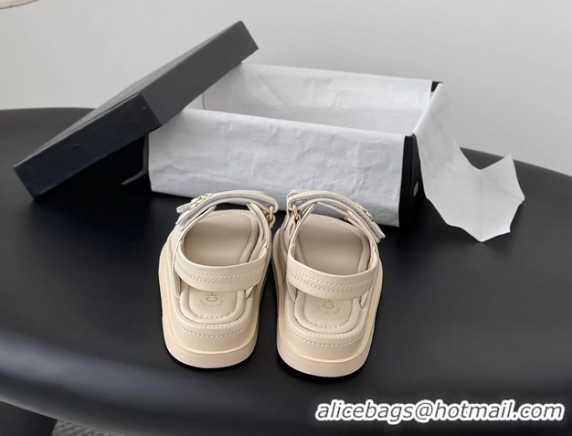 Good Quality Chanel CC Logo Dad Flat Sandal Beige Calfskin Leather 6052502