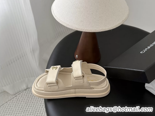 Good Quality Chanel CC Logo Dad Flat Sandal Beige Calfskin Leather 6052502