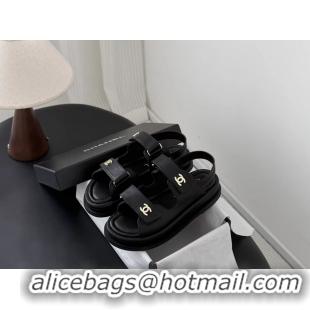 Big Discount Chanel CC Logo Dad Flat Sandal Black Calfskin Leather 6052502