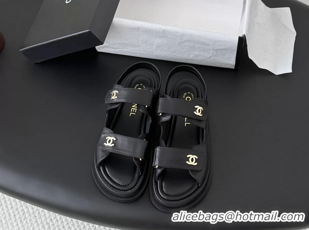 Big Discount Chanel CC Logo Dad Flat Sandal Black Calfskin Leather 6052502