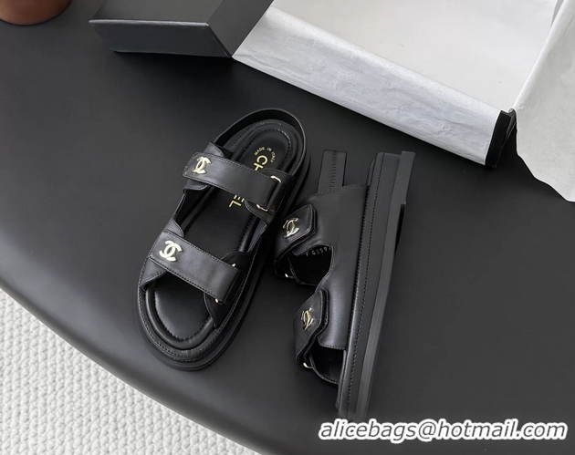 Big Discount Chanel CC Logo Dad Flat Sandal Black Calfskin Leather 6052502