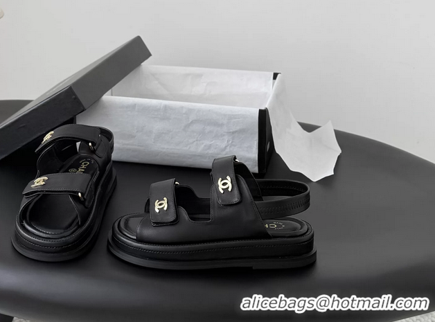 Big Discount Chanel CC Logo Dad Flat Sandal Black Calfskin Leather 6052502