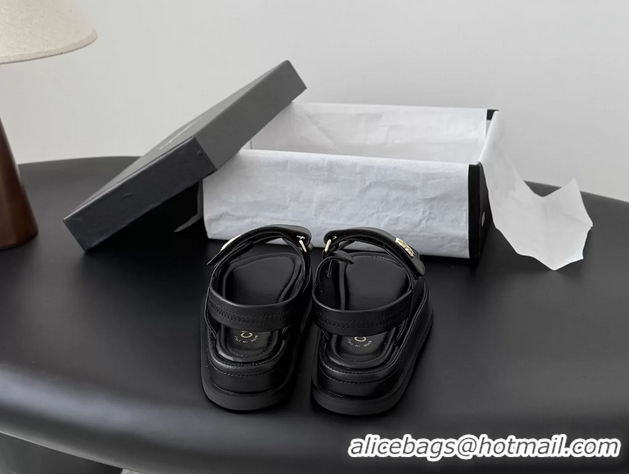 Big Discount Chanel CC Logo Dad Flat Sandal Black Calfskin Leather 6052502