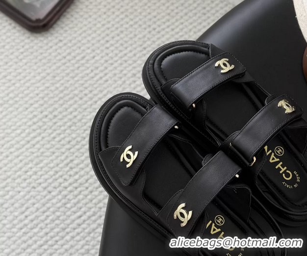 Big Discount Chanel CC Logo Dad Flat Sandal Black Calfskin Leather 6052502