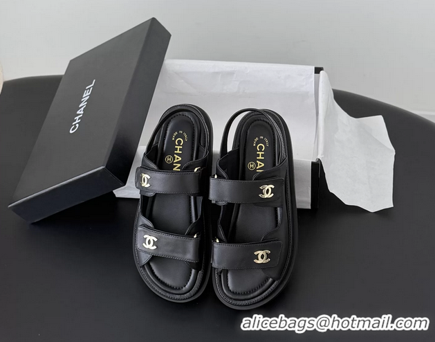 Big Discount Chanel CC Logo Dad Flat Sandal Black Calfskin Leather 6052502