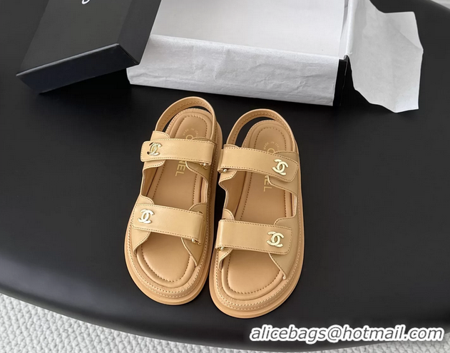 Cheap Price Chanel CC Logo Dad Flat Sandal Beige Calfskin Leather 6052502