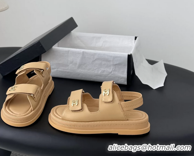 Cheap Price Chanel CC Logo Dad Flat Sandal Beige Calfskin Leather 6052502