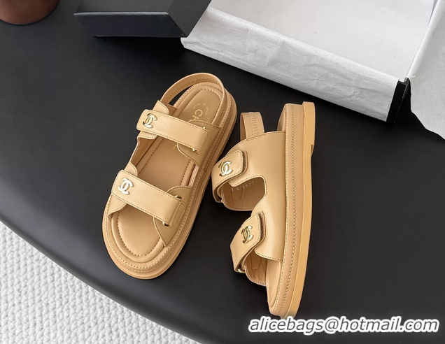 Cheap Price Chanel CC Logo Dad Flat Sandal Beige Calfskin Leather 6052502
