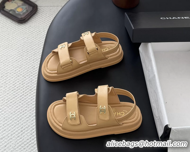 Cheap Price Chanel CC Logo Dad Flat Sandal Beige Calfskin Leather 6052502
