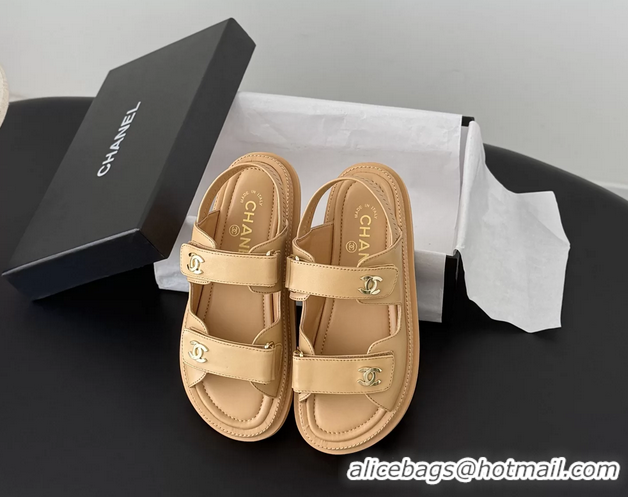 Cheap Price Chanel CC Logo Dad Flat Sandal Beige Calfskin Leather 6052502