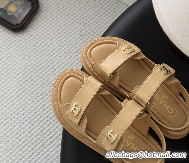 Cheap Price Chanel CC Logo Dad Flat Sandal Beige Calfskin Leather 6052502