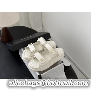Shop Duplicate Chanel CC Logo Dad Flat Slides Sandal White Calfskin Leather 6052502