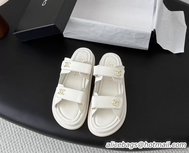 Shop Duplicate Chanel CC Logo Dad Flat Slides Sandal White Calfskin Leather 6052502