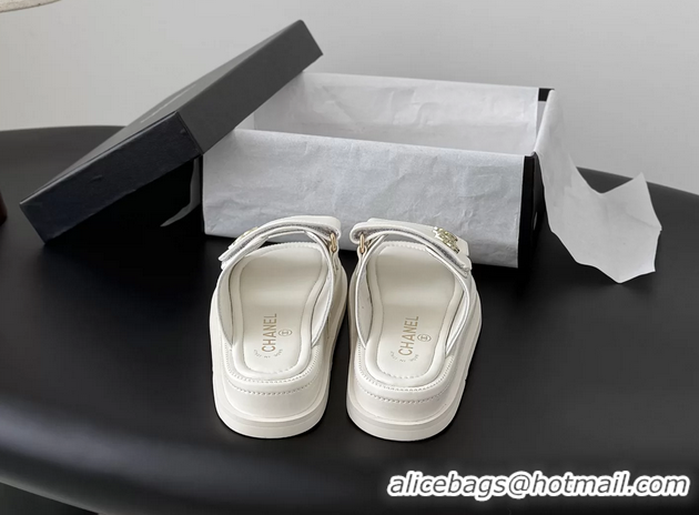Shop Duplicate Chanel CC Logo Dad Flat Slides Sandal White Calfskin Leather 6052502