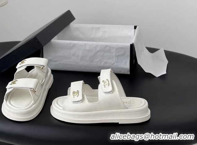 Shop Duplicate Chanel CC Logo Dad Flat Slides Sandal White Calfskin Leather 6052502