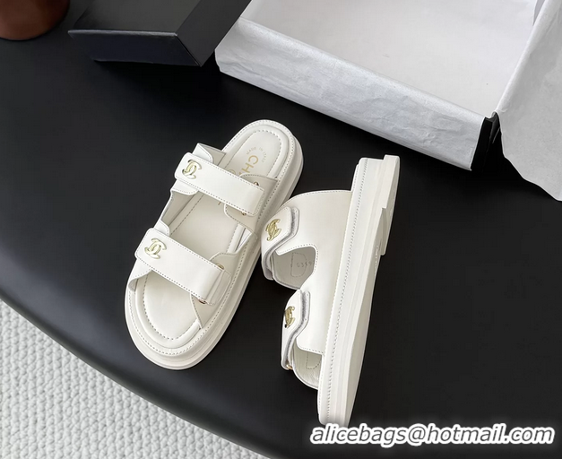 Shop Duplicate Chanel CC Logo Dad Flat Slides Sandal White Calfskin Leather 6052502