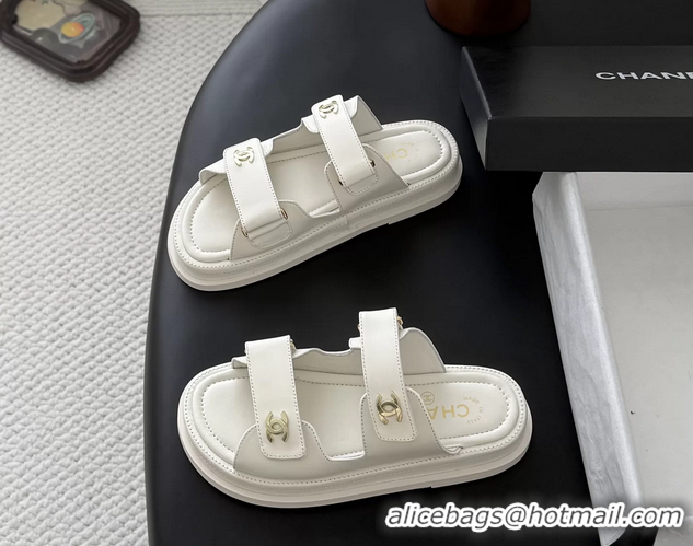 Shop Duplicate Chanel CC Logo Dad Flat Slides Sandal White Calfskin Leather 6052502