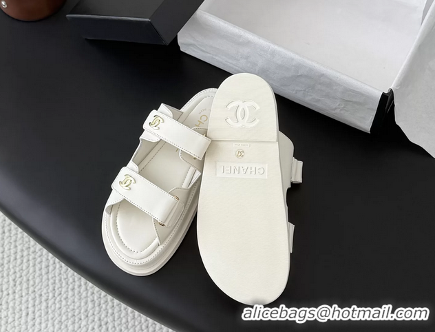Shop Duplicate Chanel CC Logo Dad Flat Slides Sandal White Calfskin Leather 6052502