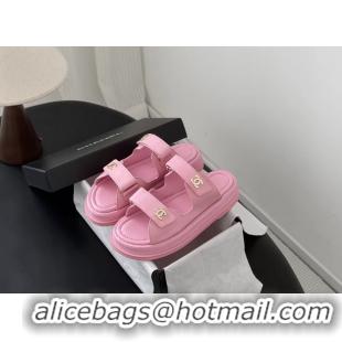 Original Cheap Chanel CC Logo Dad Flat Slides Sandal Pink Calfskin Leather 6052502