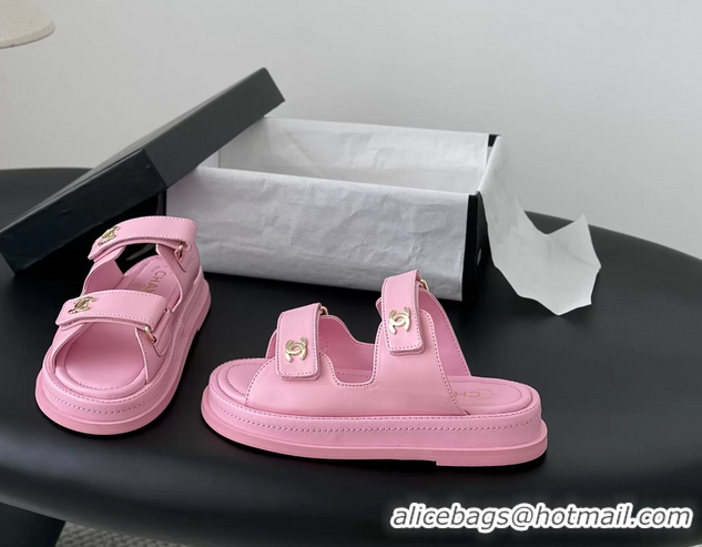Original Cheap Chanel CC Logo Dad Flat Slides Sandal Pink Calfskin Leather 6052502