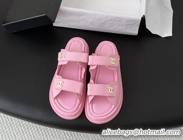 Original Cheap Chanel CC Logo Dad Flat Slides Sandal Pink Calfskin Leather 6052502