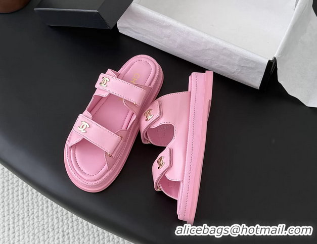 Original Cheap Chanel CC Logo Dad Flat Slides Sandal Pink Calfskin Leather 6052502